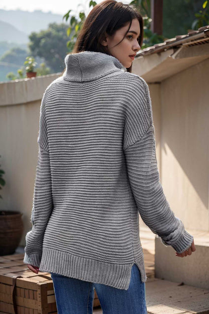 casual chunky knit mock neck long sleeve split pullover sweater 107224