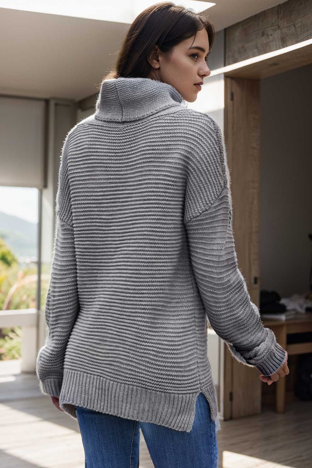 casual chunky knit mock neck long sleeve split pullover sweater 109078