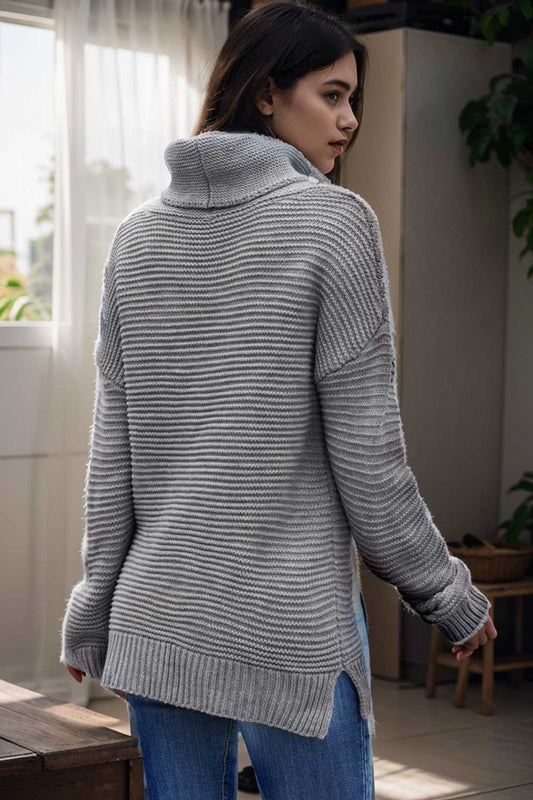 casual chunky knit mock neck long sleeve split pullover sweater 105994
