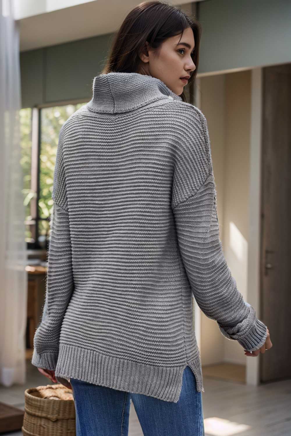 casual chunky knit mock neck long sleeve split pullover sweater 105993