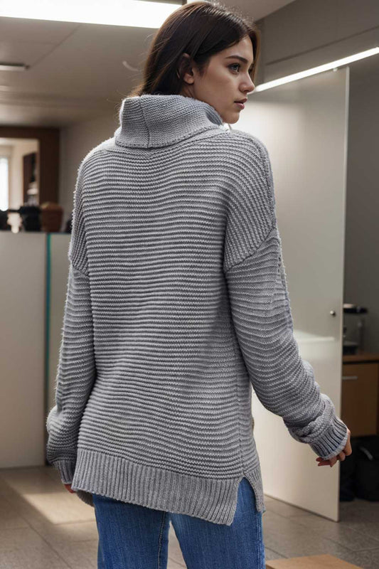 casual chunky knit mock neck long sleeve split pullover sweater 108712
