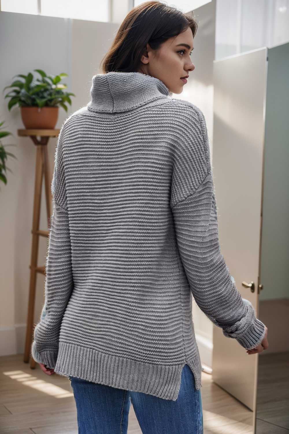 casual chunky knit mock neck long sleeve split pullover sweater 105992