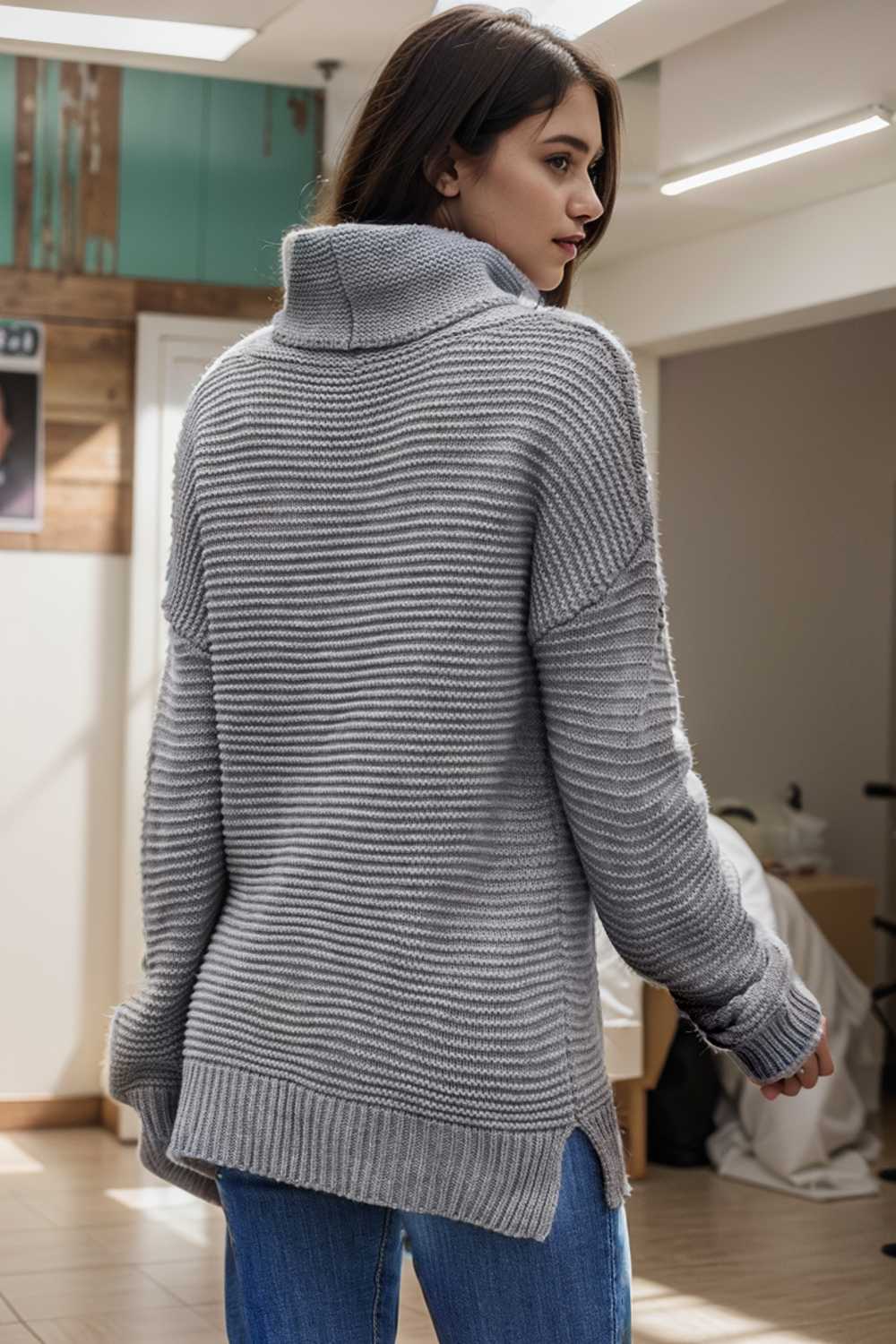 casual chunky knit mock neck long sleeve split pullover sweater 105991