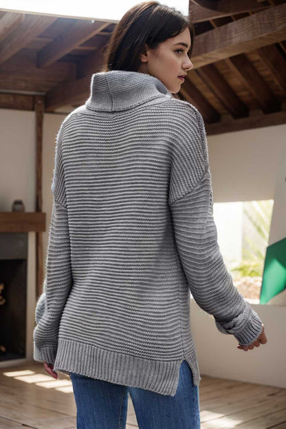 casual chunky knit mock neck long sleeve split pullover sweater 105990