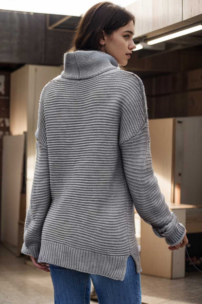 casual chunky knit mock neck long sleeve split pullover sweater 105989