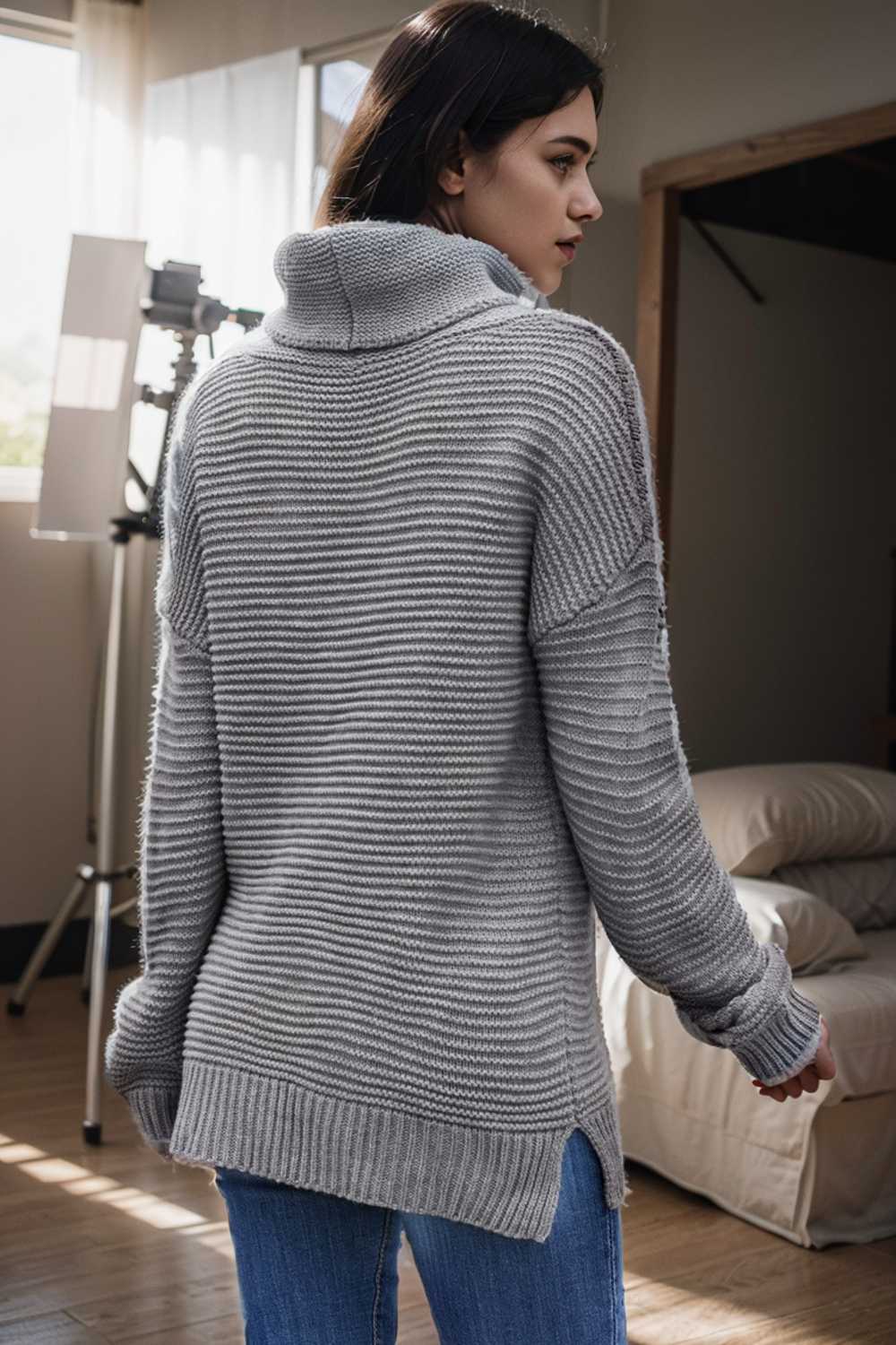 casual chunky knit mock neck long sleeve split pullover sweater 105988