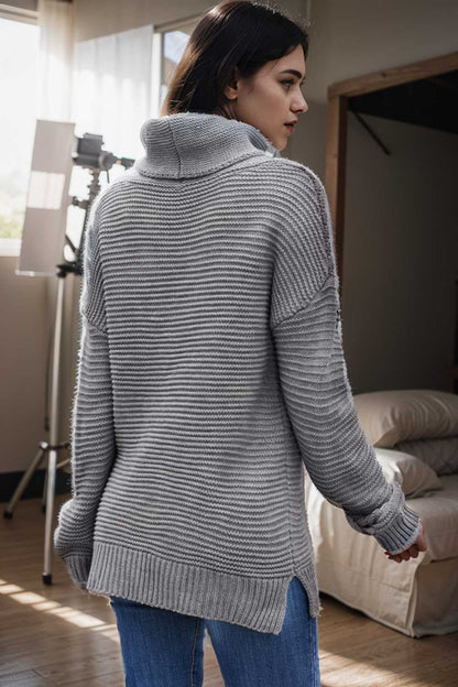casual chunky knit mock neck long sleeve split pullover sweater 105988