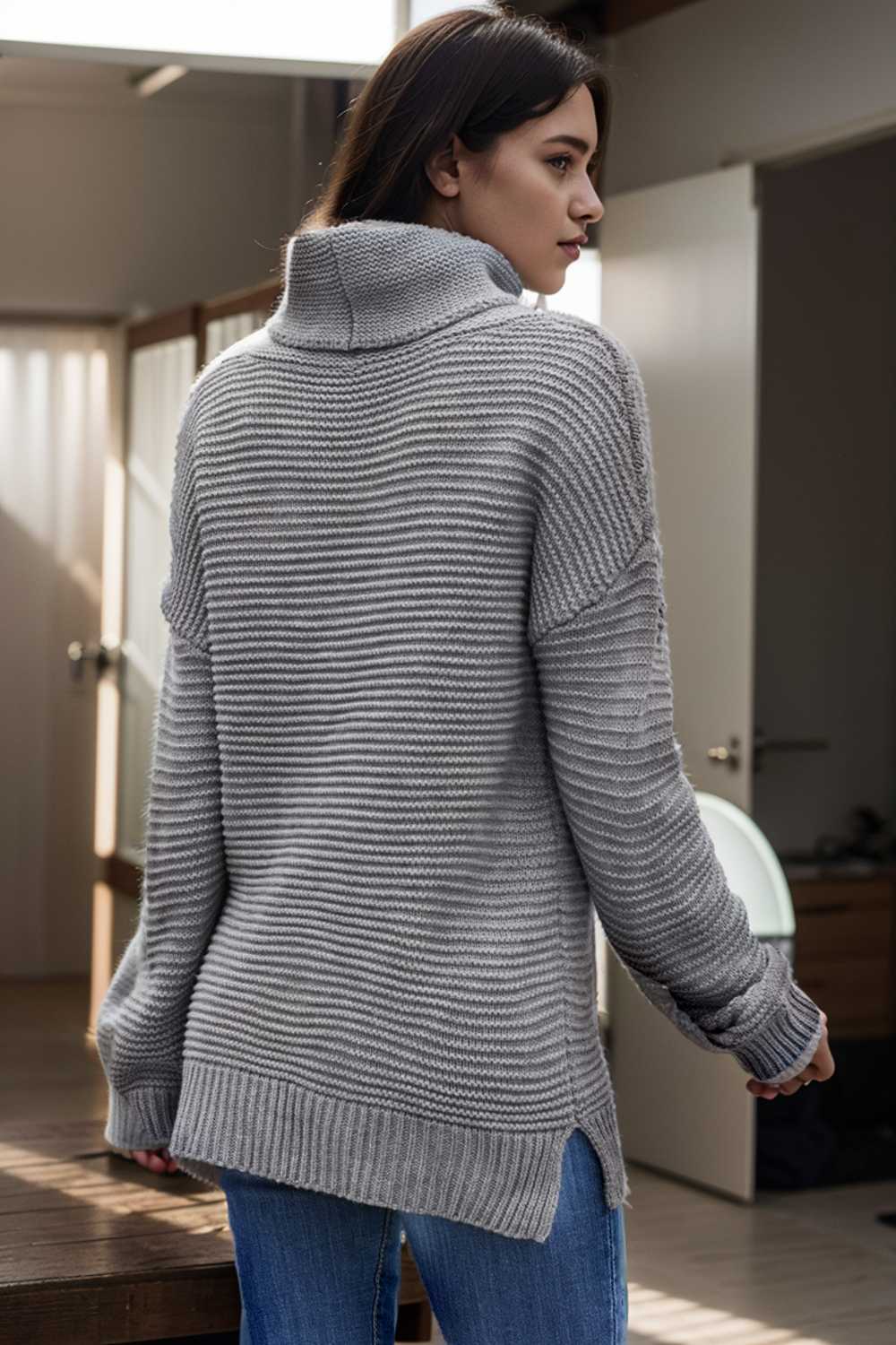 casual chunky knit mock neck long sleeve split pullover sweater 105987