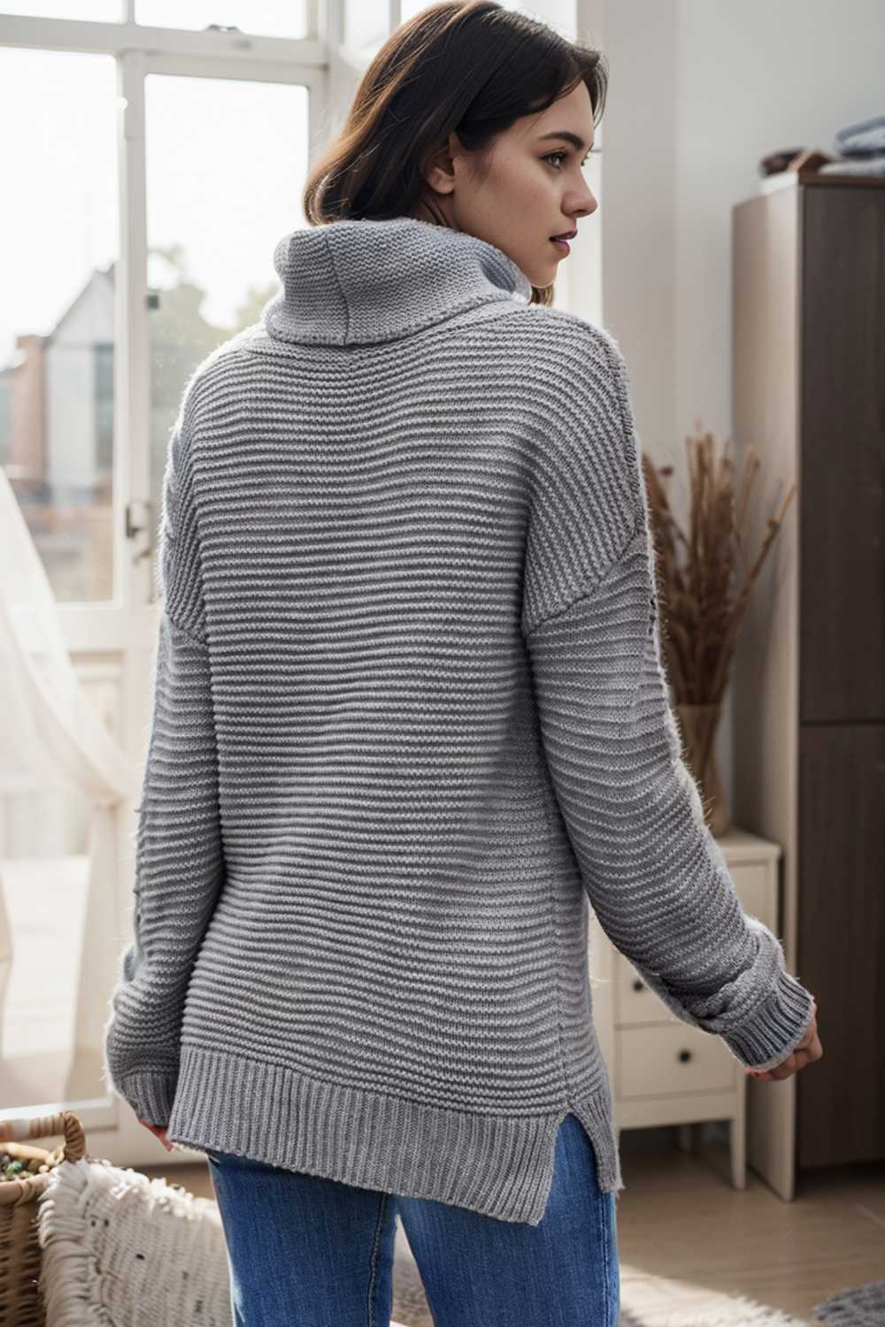 casual chunky knit mock neck long sleeve split pullover sweater 105986