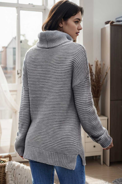 casual chunky knit mock neck long sleeve split pullover sweater 105986