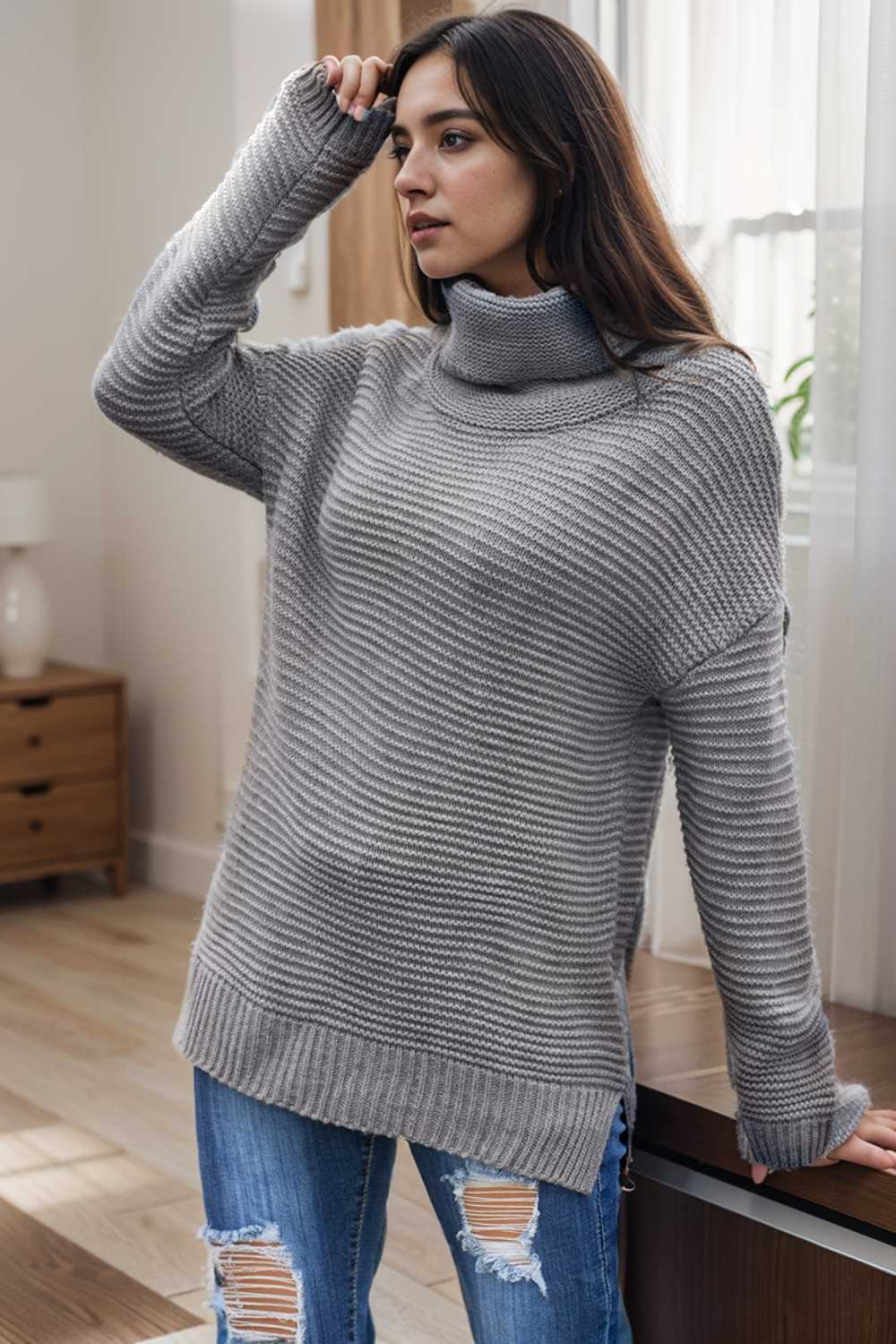 casual chunky knit mock neck long sleeve split pullover sweater 105984