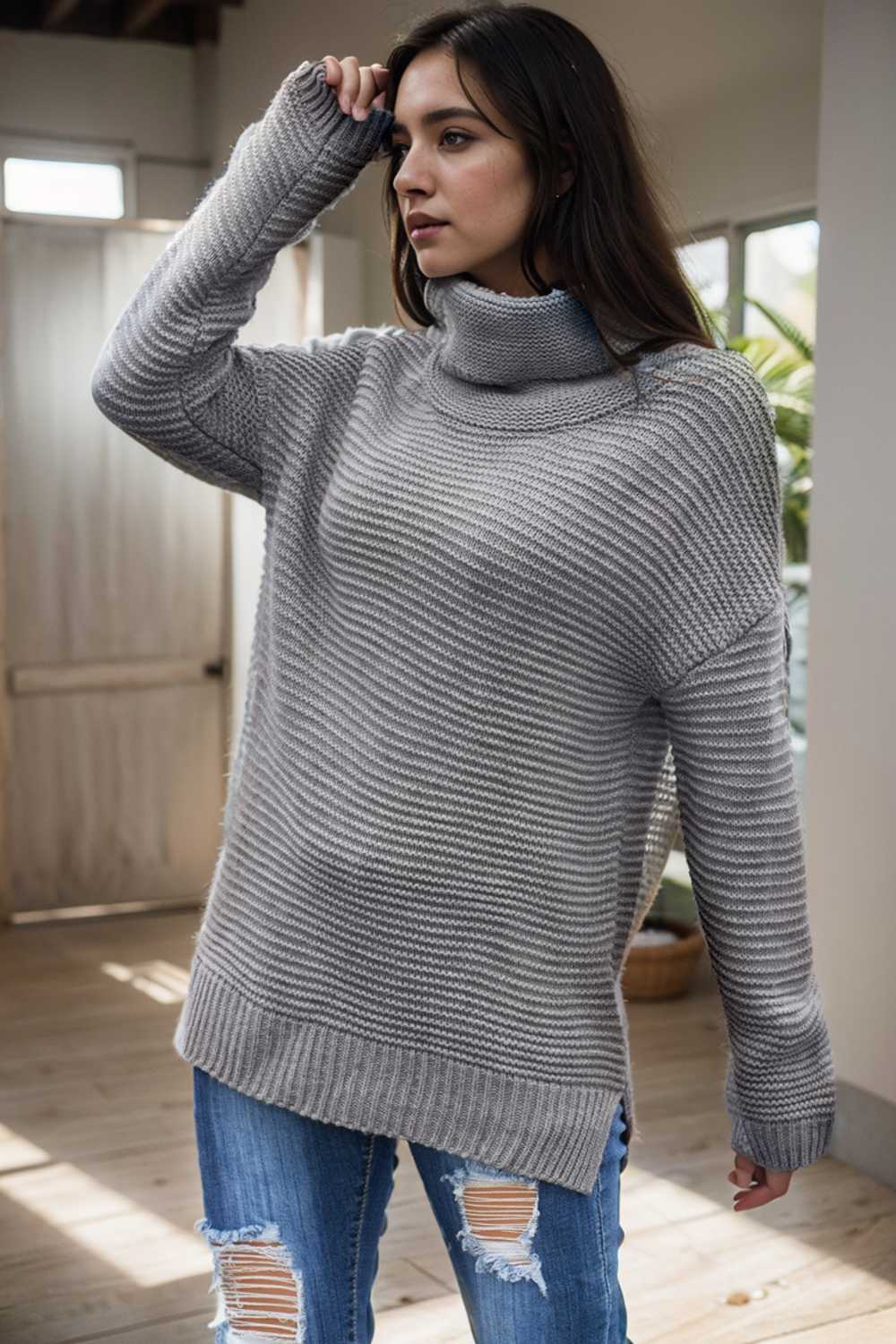 casual chunky knit mock neck long sleeve split pullover sweater 104843
