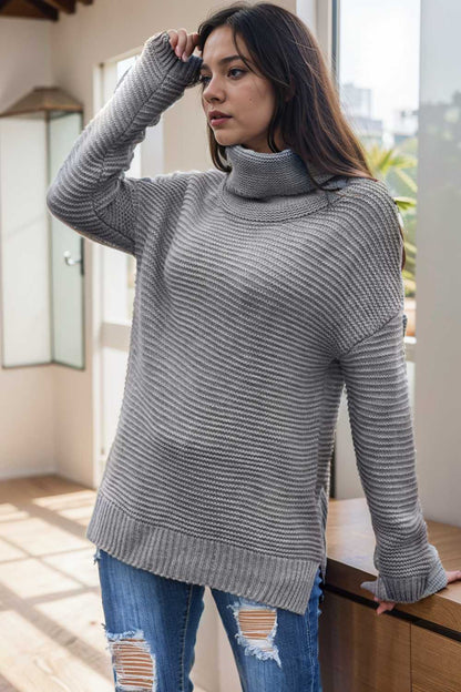 casual chunky knit mock neck long sleeve split pullover sweater 111700