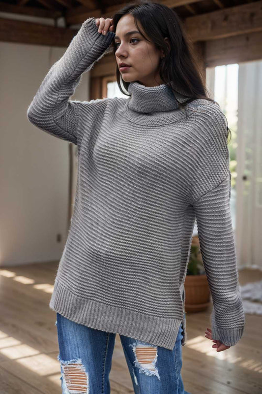 casual chunky knit mock neck long sleeve split pullover sweater 111697