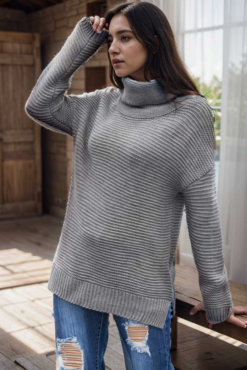 casual chunky knit mock neck long sleeve split pullover sweater 105970
