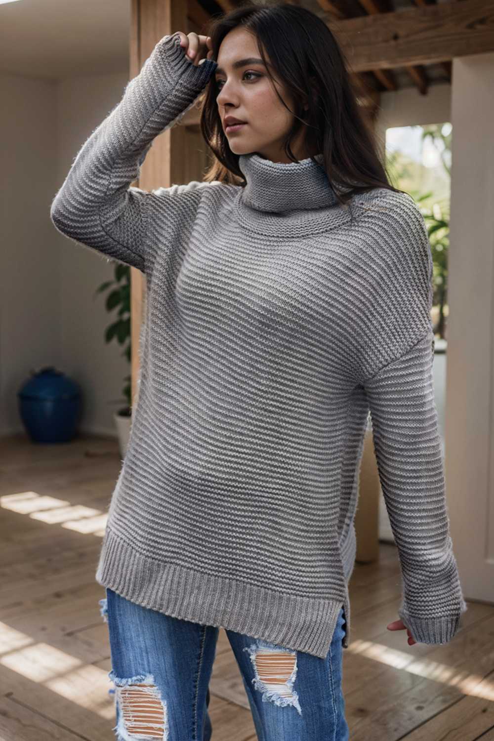 casual chunky knit mock neck long sleeve split pullover sweater 105967