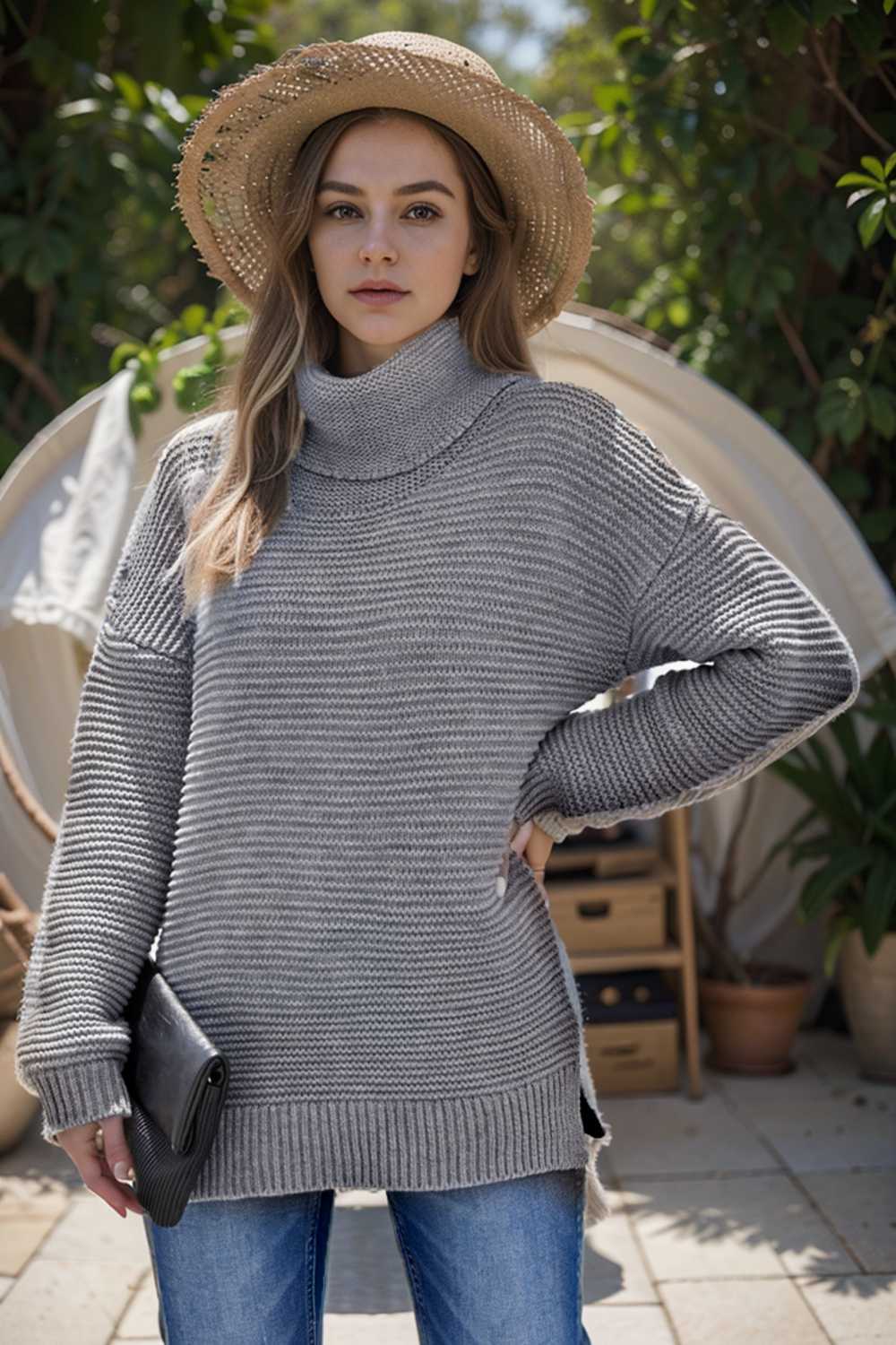 casual chunky knit mock neck long sleeve split pullover sweater 105964