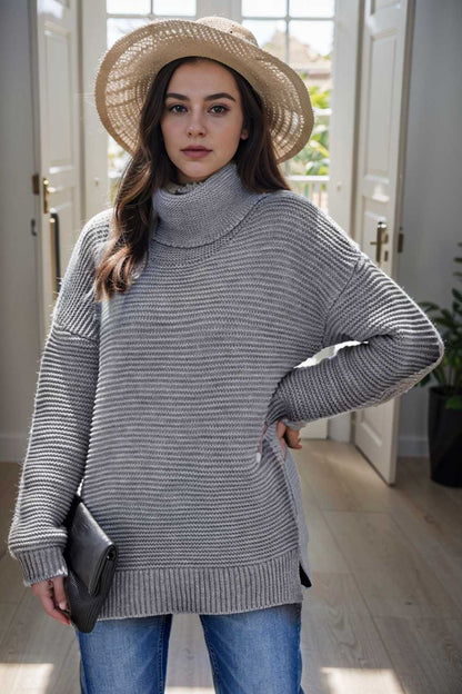 casual chunky knit mock neck long sleeve split pullover sweater 105961