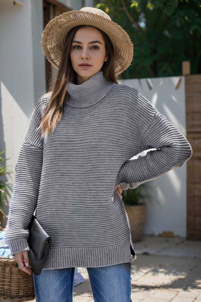 casual chunky knit mock neck long sleeve split pullover sweater 107220