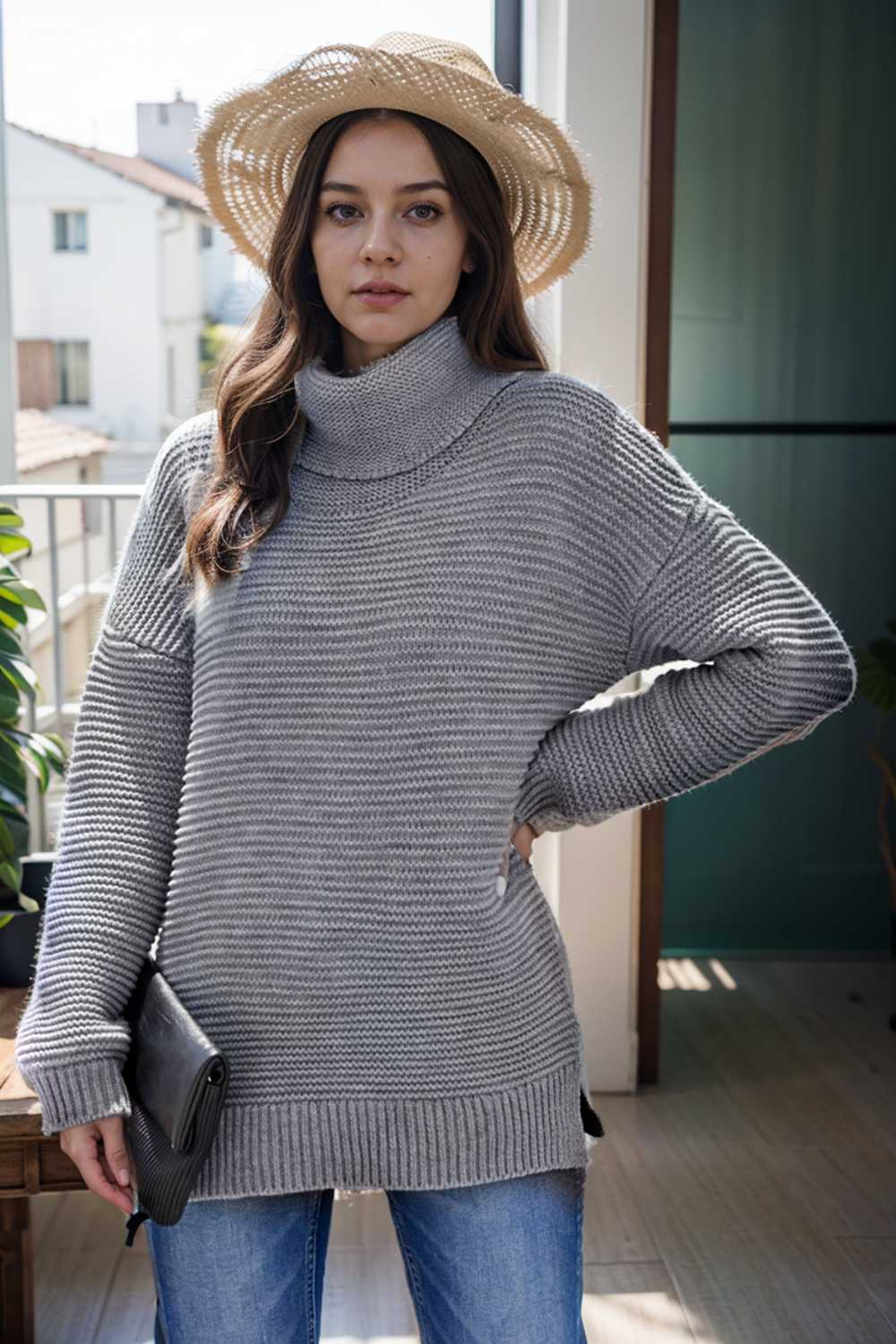 casual chunky knit mock neck long sleeve split pullover sweater 111687