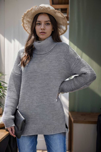 casual chunky knit mock neck long sleeve split pullover sweater 111686