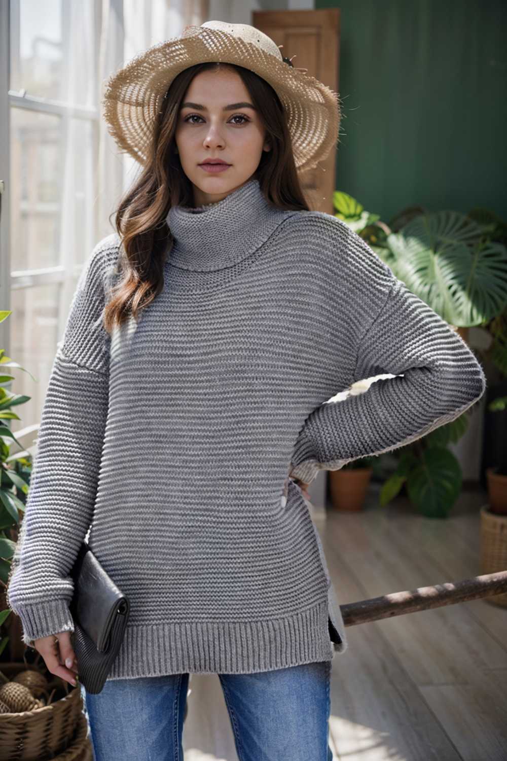casual chunky knit mock neck long sleeve split pullover sweater 105945