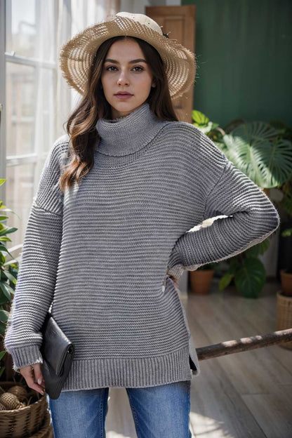 casual chunky knit mock neck long sleeve split pullover sweater 105945