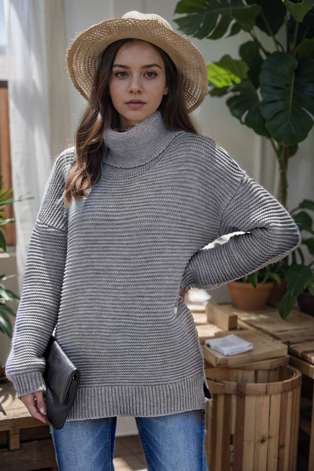 casual chunky knit mock neck long sleeve split pullover sweater 111685