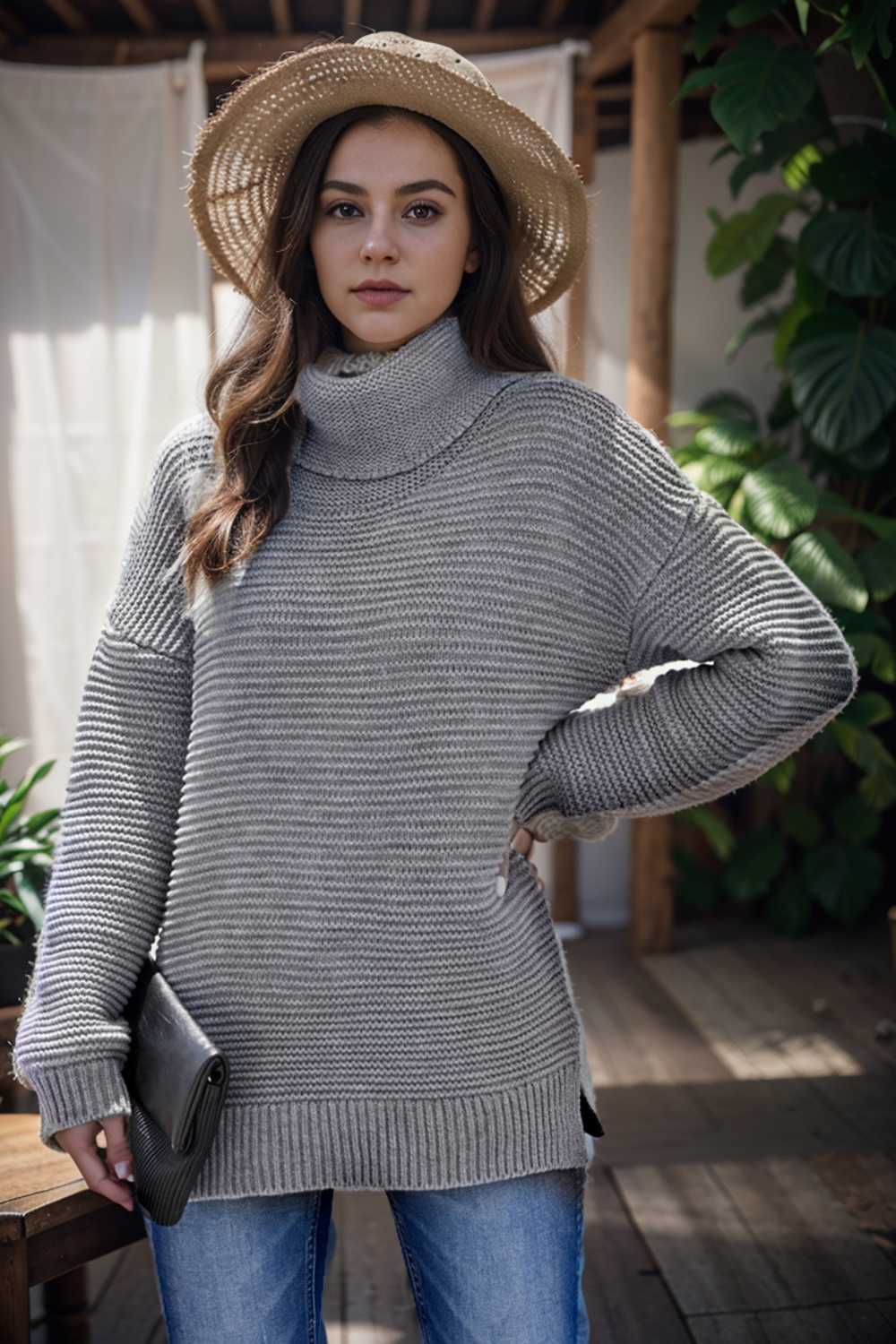 casual chunky knit mock neck long sleeve split pullover sweater 105944