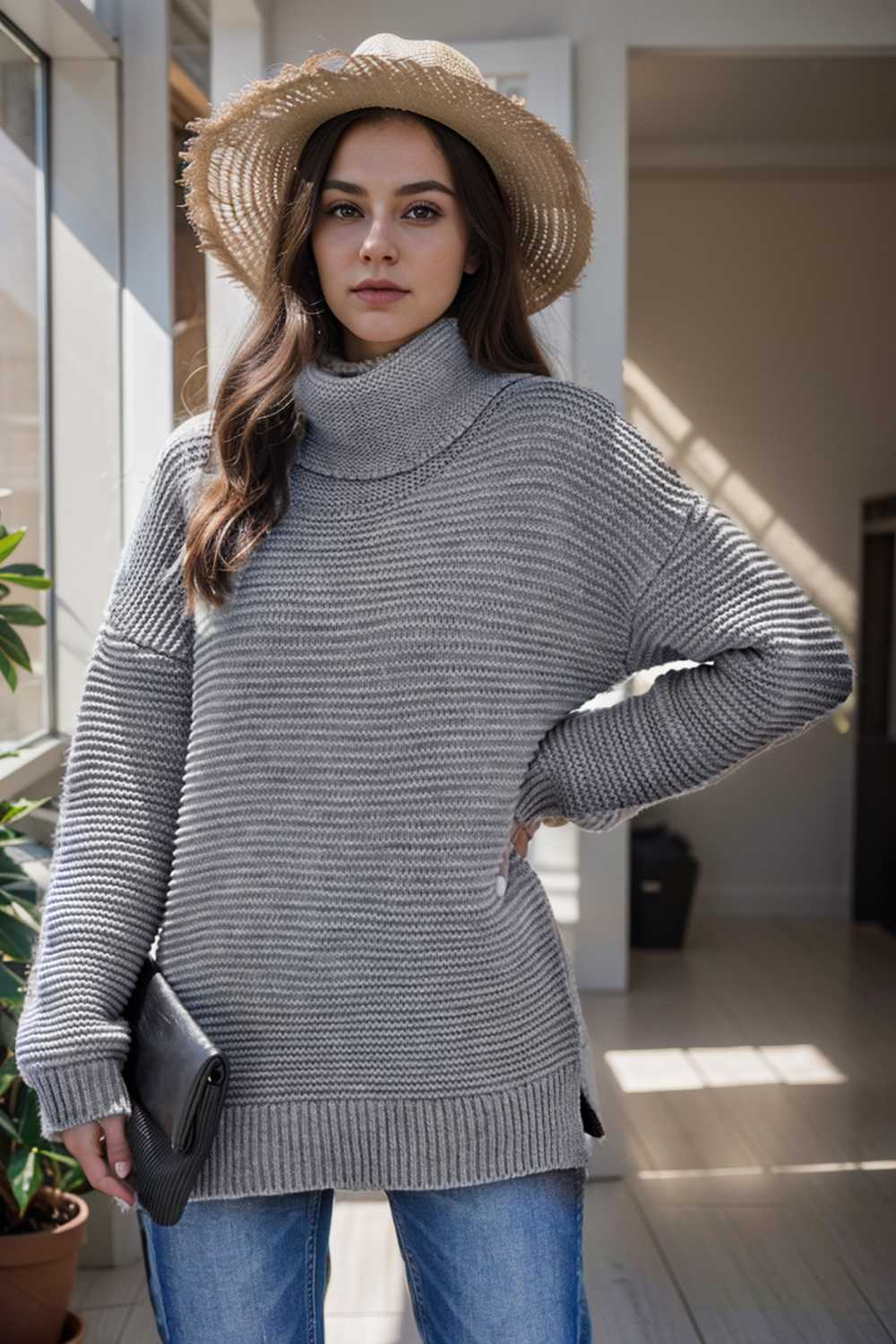 casual chunky knit mock neck long sleeve split pullover sweater 105942