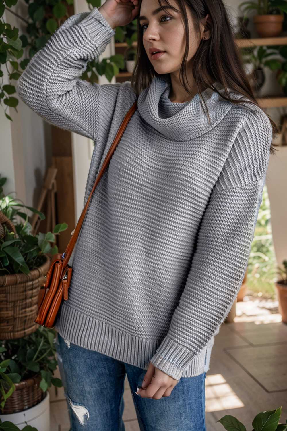 casual chunky knit mock neck long sleeve split pullover sweater 105933