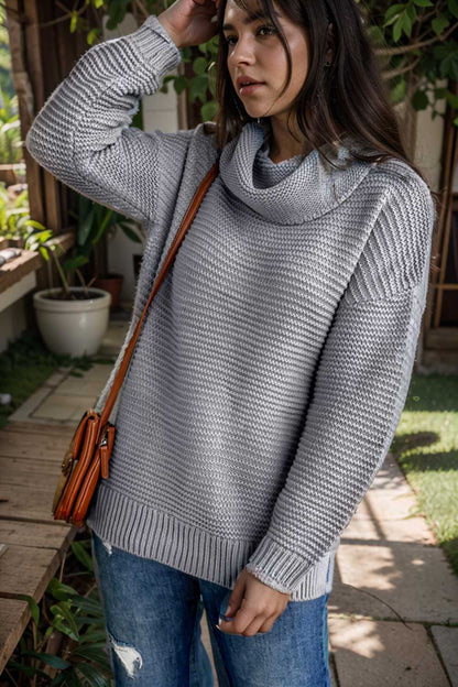 casual chunky knit mock neck long sleeve split pullover sweater 107219