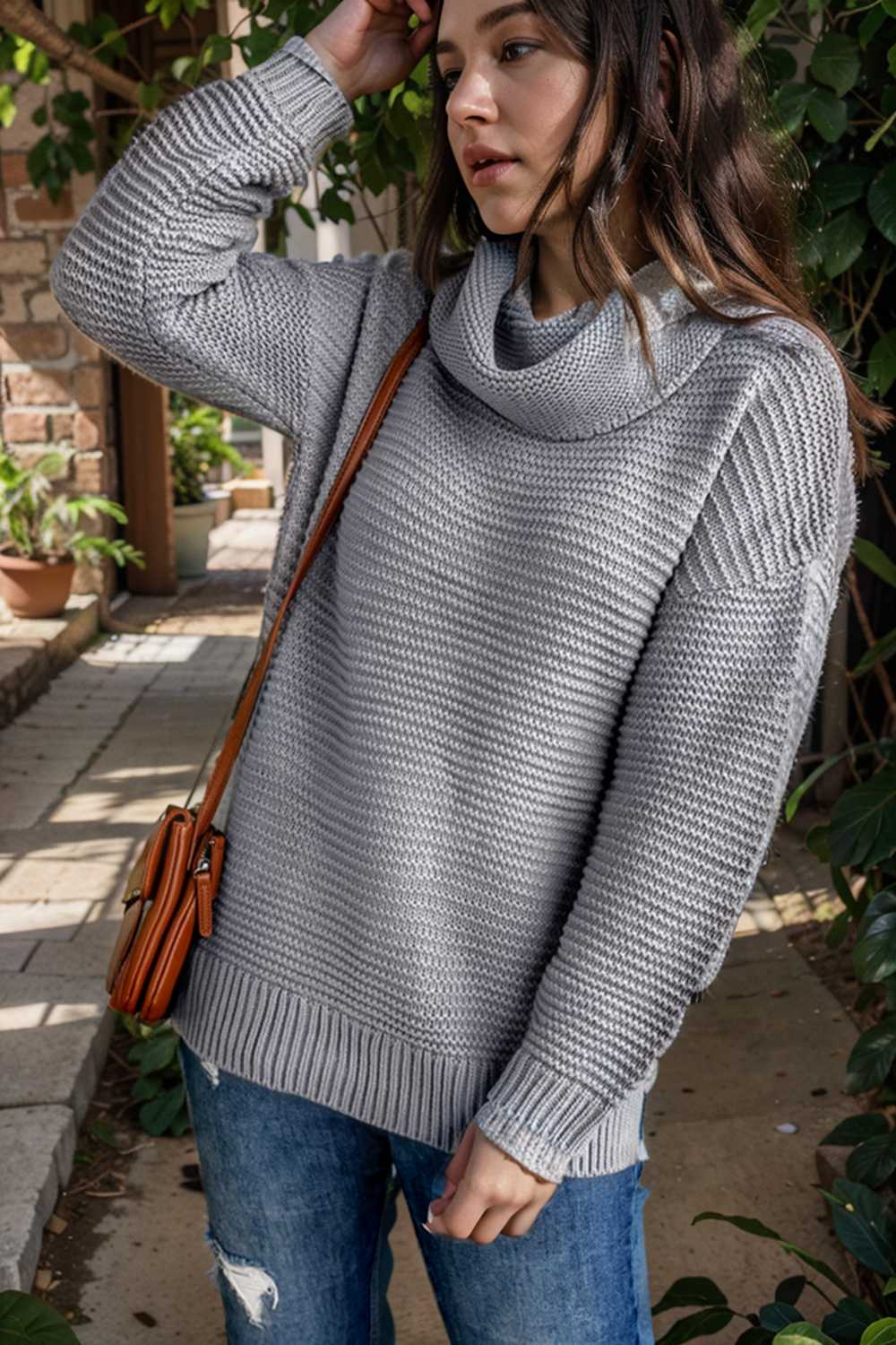 casual chunky knit mock neck long sleeve split pullover sweater 105598
