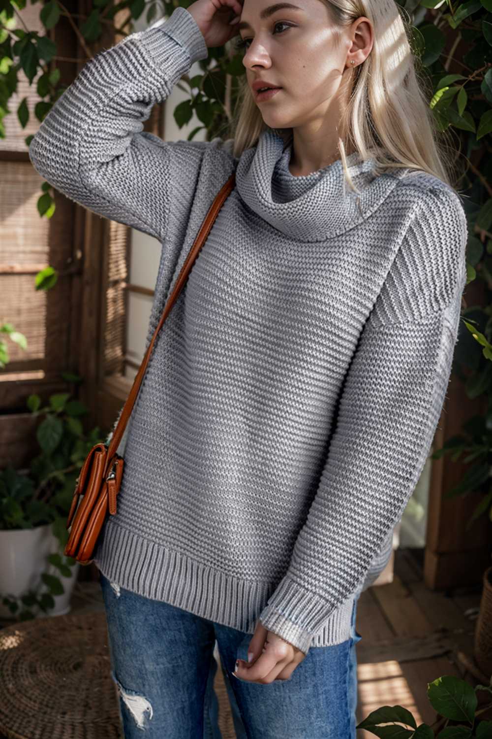 casual chunky knit mock neck long sleeve split pullover sweater 106669
