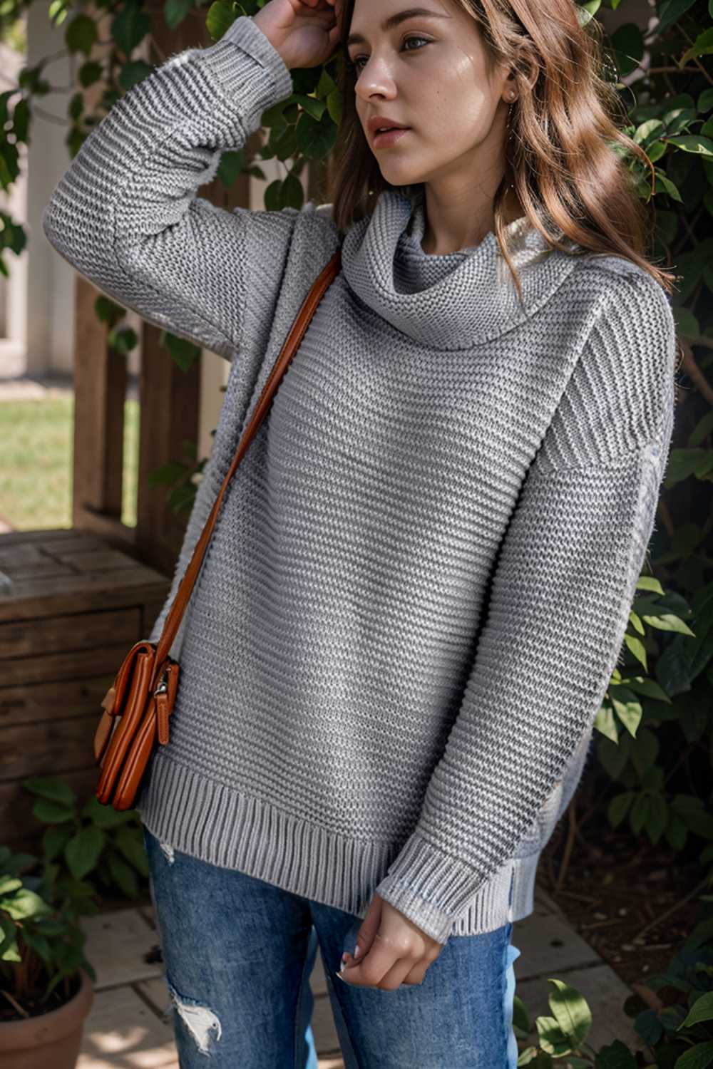 casual chunky knit mock neck long sleeve split pullover sweater 106130