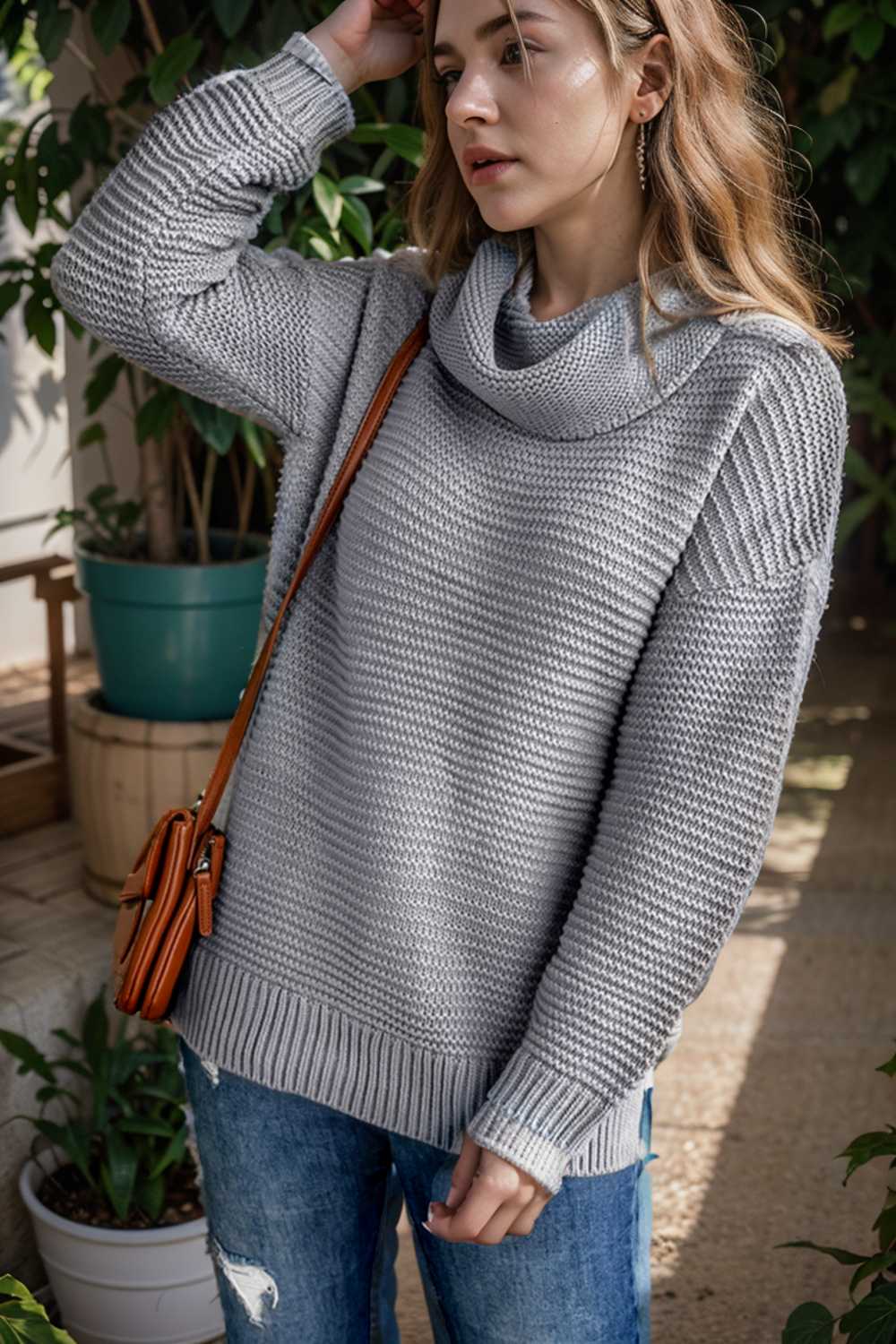 casual chunky knit mock neck long sleeve split pullover sweater 105597