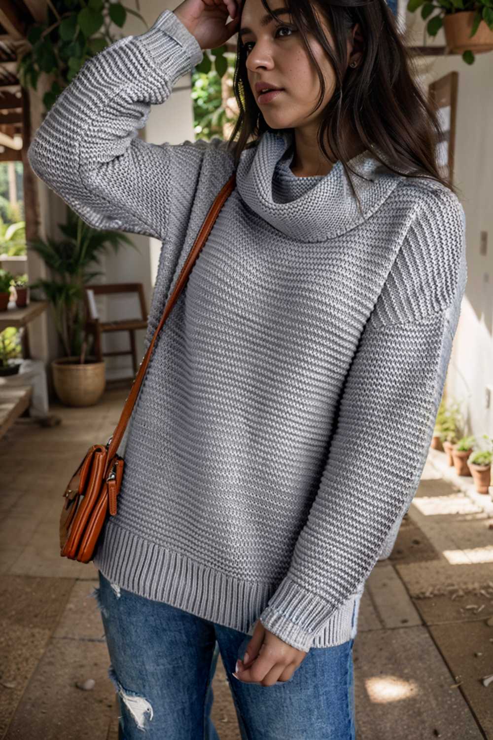 casual chunky knit mock neck long sleeve split pullover sweater 105932
