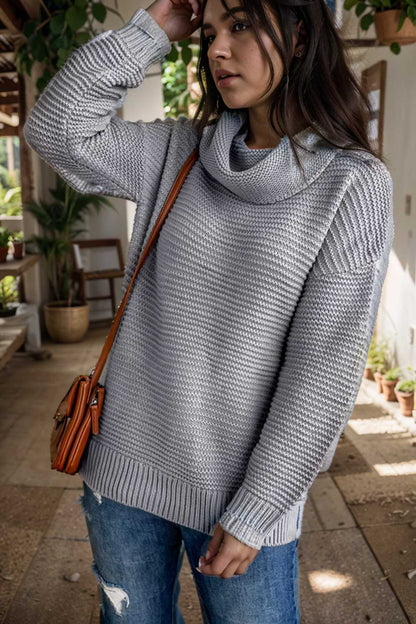 casual chunky knit mock neck long sleeve split pullover sweater 105932