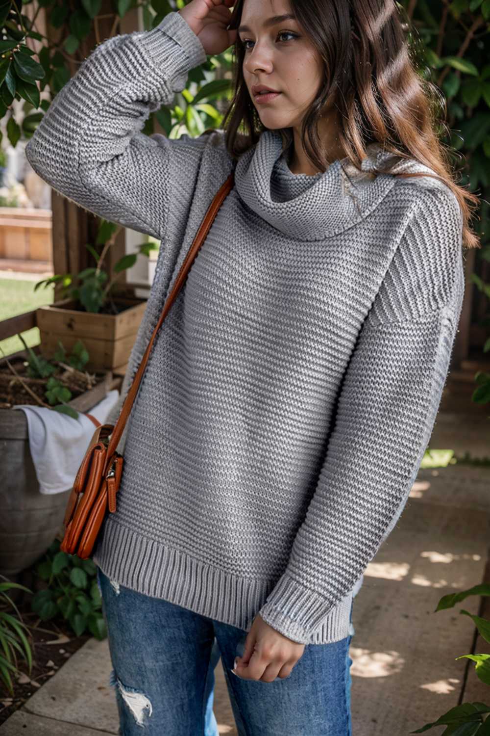 casual chunky knit mock neck long sleeve split pullover sweater 111679