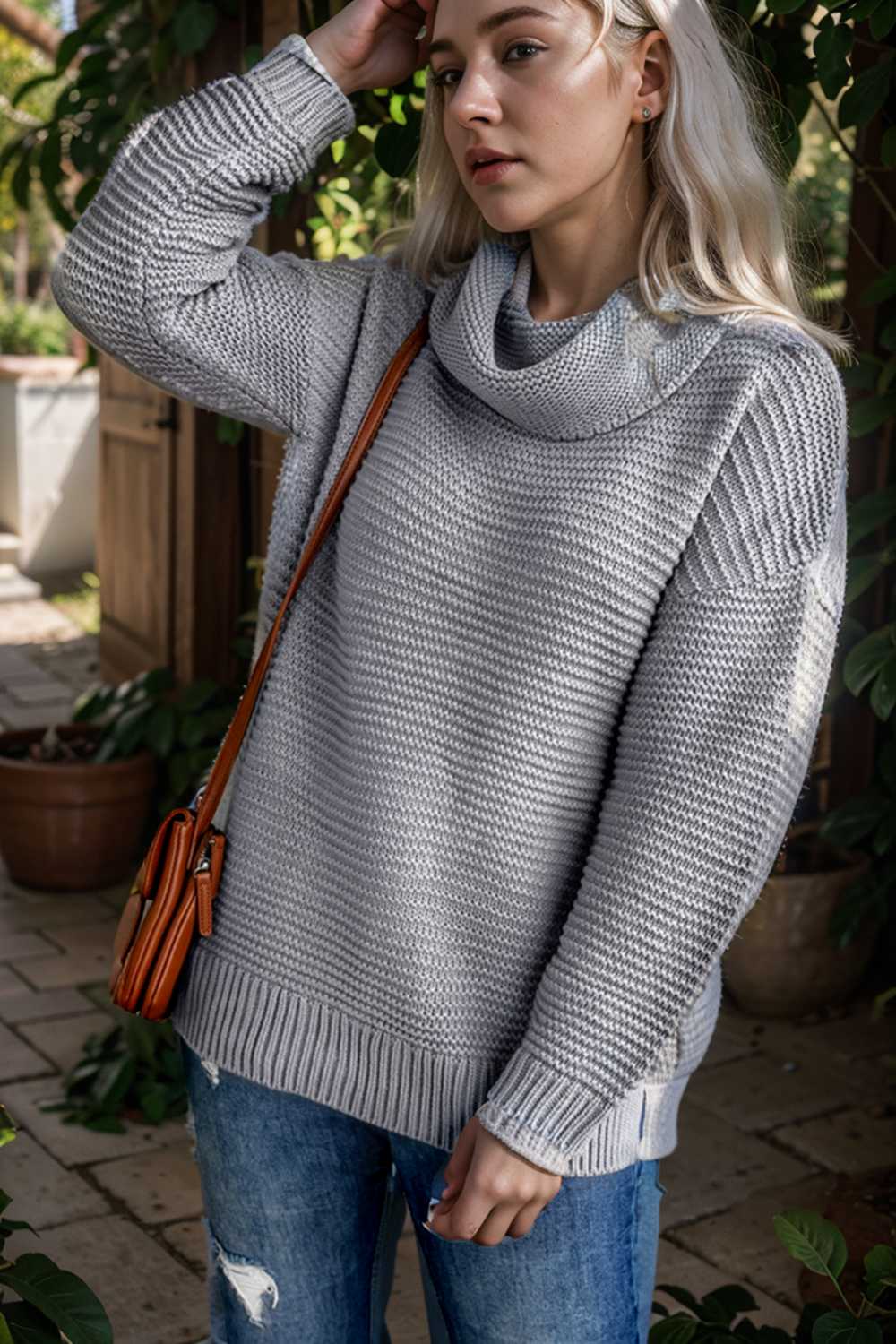 casual chunky knit mock neck long sleeve split pullover sweater 105931