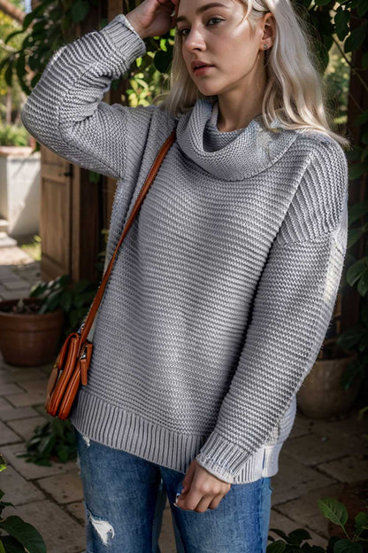 casual chunky knit mock neck long sleeve split pullover sweater 105931