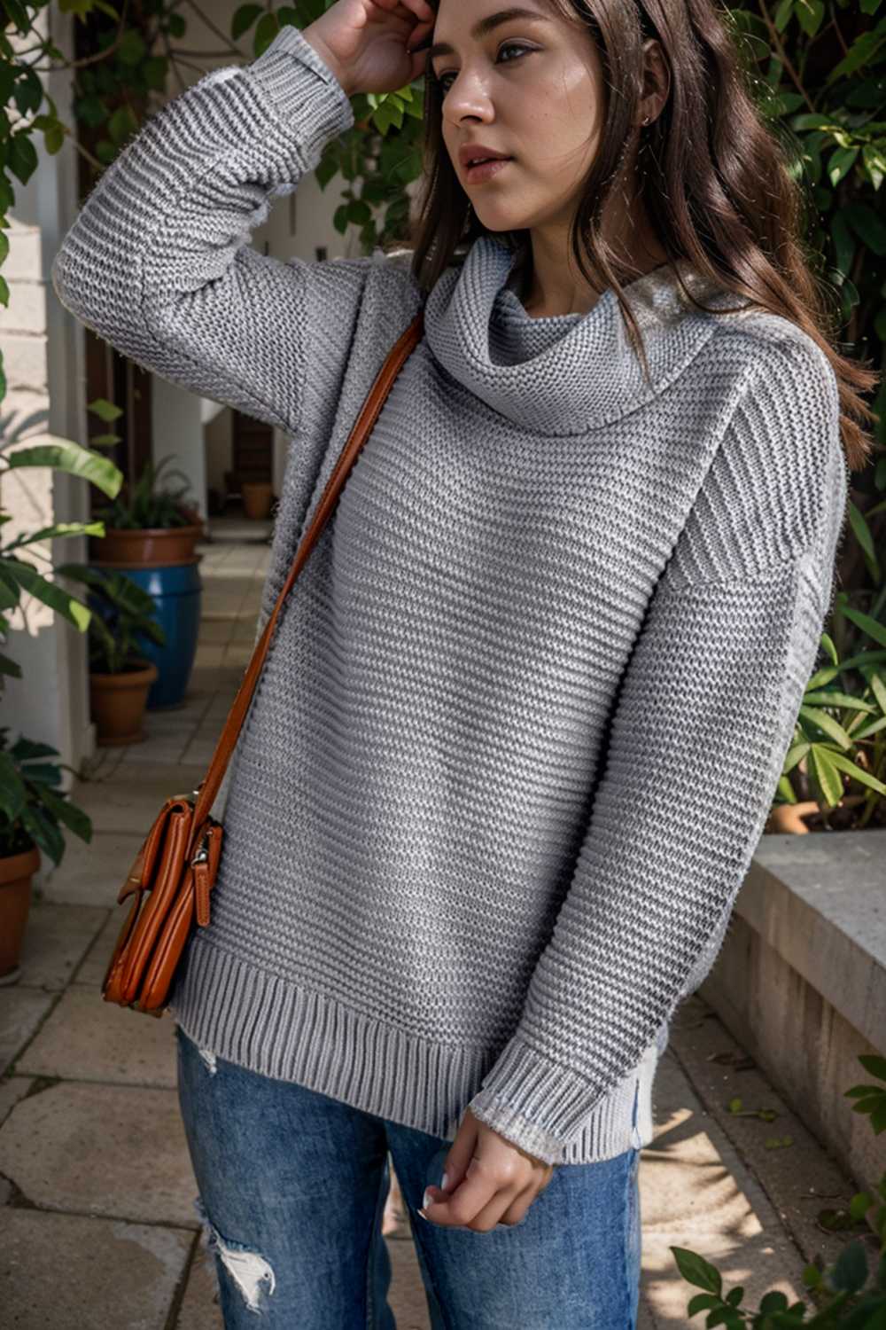 casual chunky knit mock neck long sleeve split pullover sweater 105930