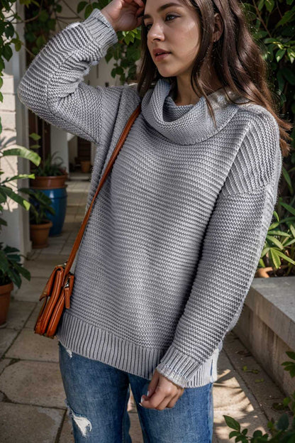 casual chunky knit mock neck long sleeve split pullover sweater 105930
