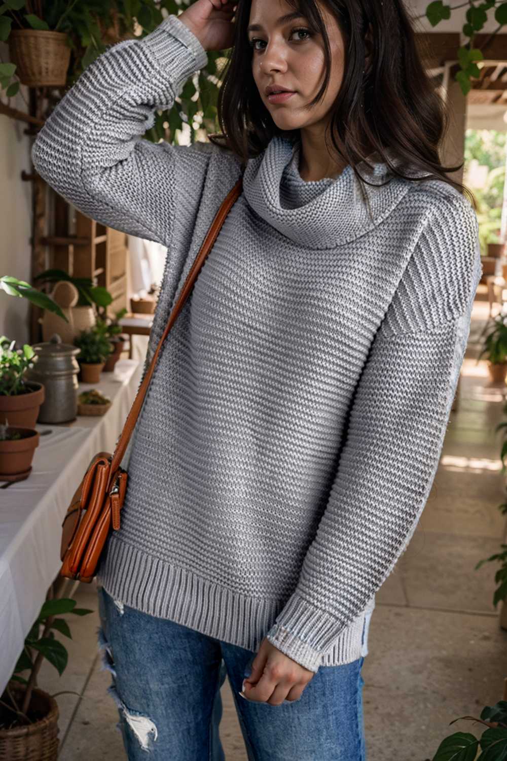 casual chunky knit mock neck long sleeve split pullover sweater 111677
