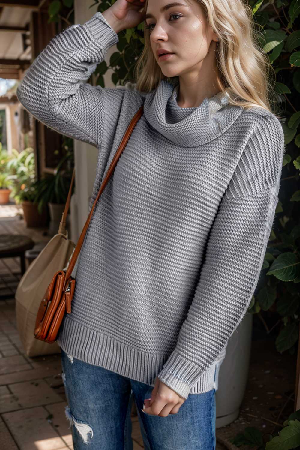casual chunky knit mock neck long sleeve split pullover sweater 105928