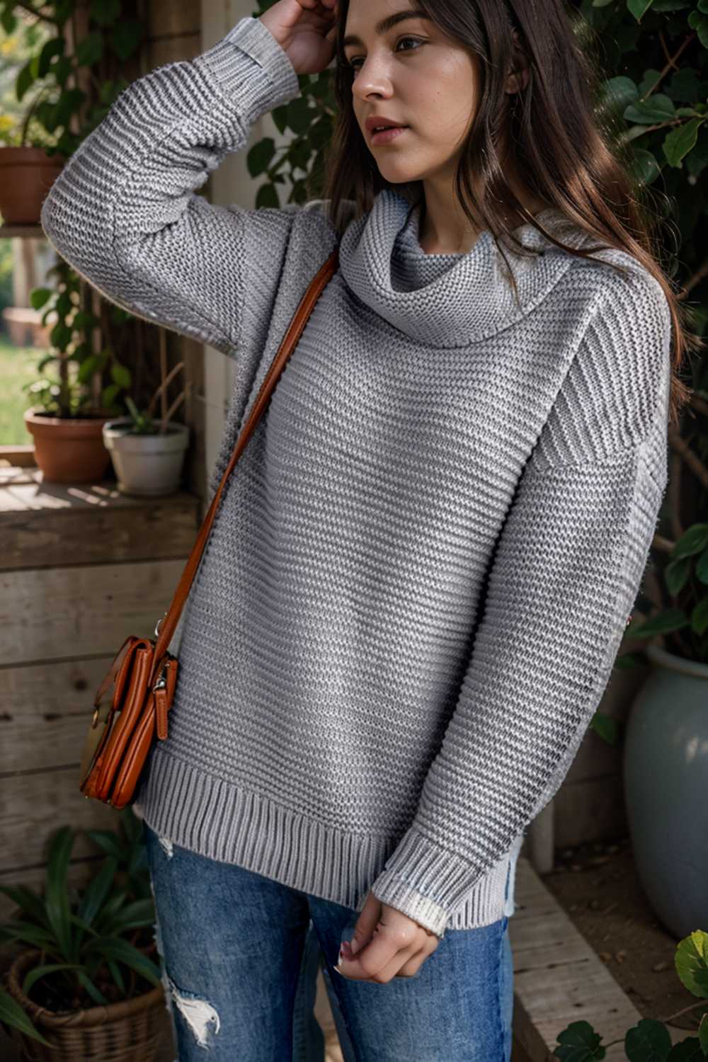 casual chunky knit mock neck long sleeve split pullover sweater 105927