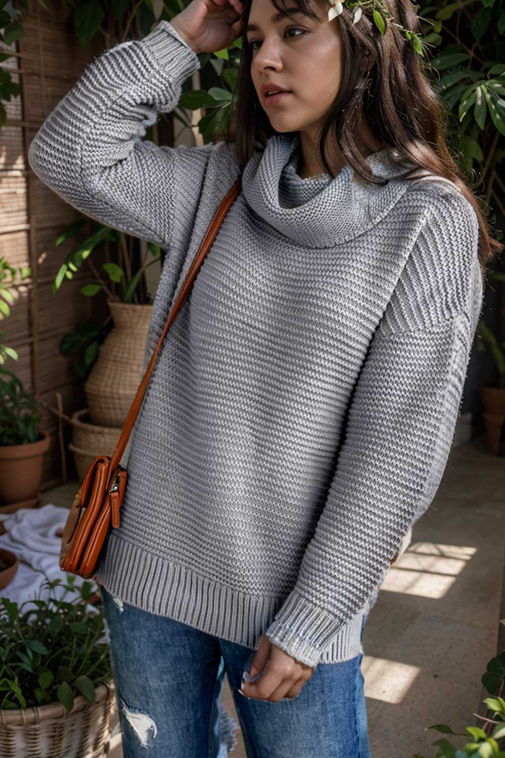 casual chunky knit mock neck long sleeve split pullover sweater 105926