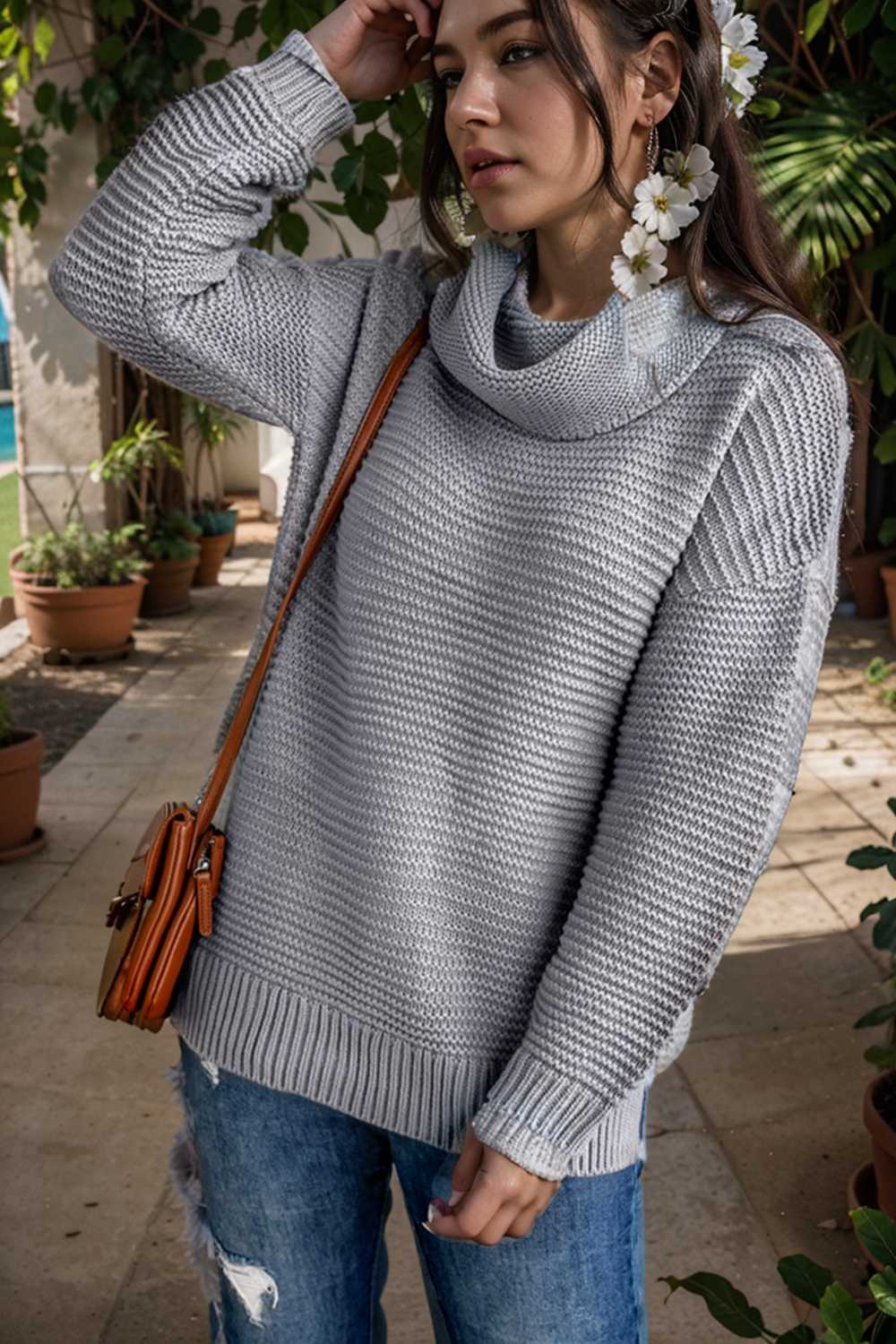casual chunky knit mock neck long sleeve split pullover sweater 105925