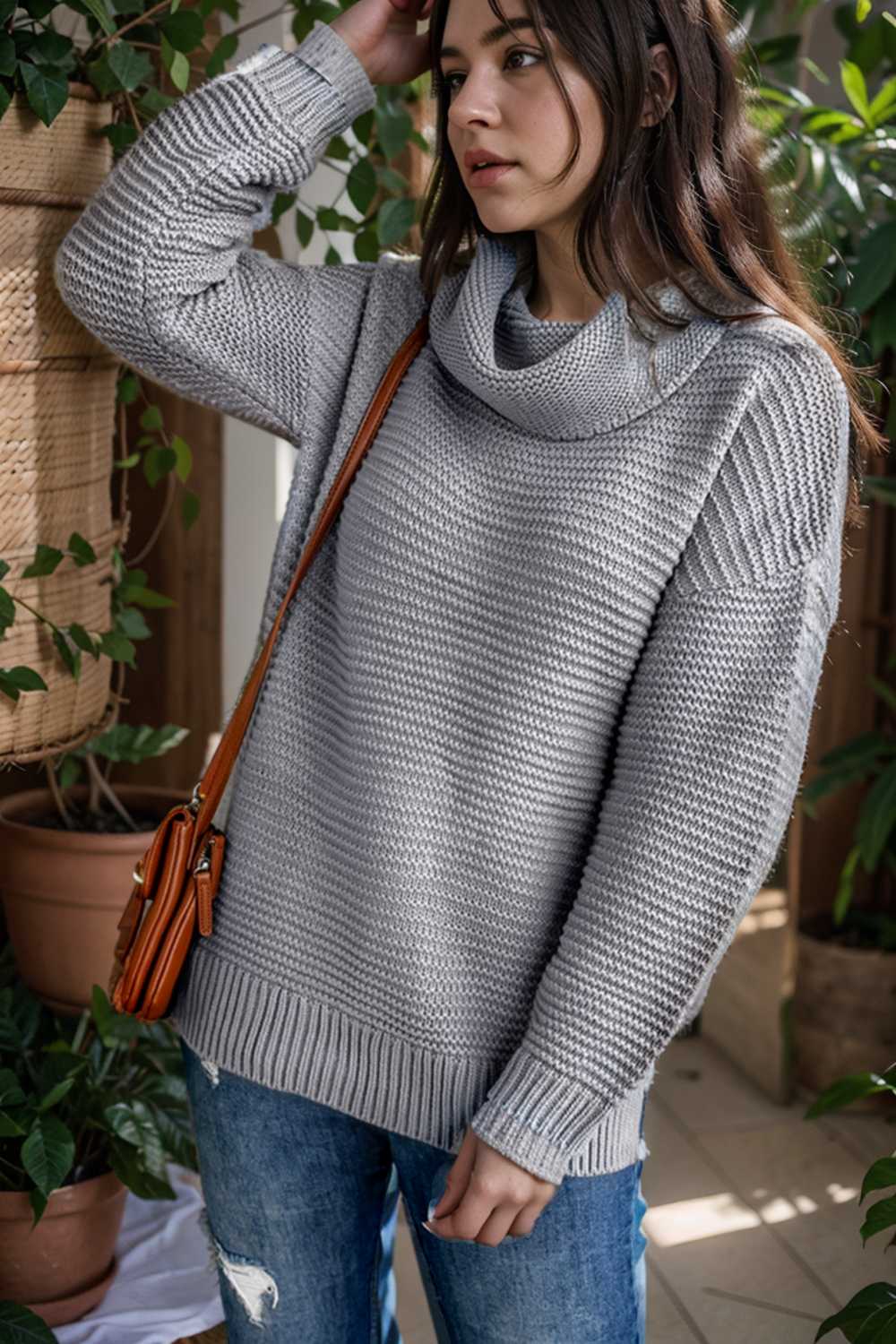 casual chunky knit mock neck long sleeve split pullover sweater 105924