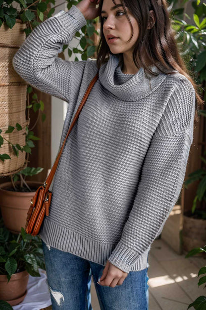 casual chunky knit mock neck long sleeve split pullover sweater 105924